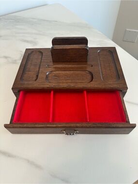 Vintage Wooden Walnut Valet Tray with Red Lined Drawer - Men Accessories